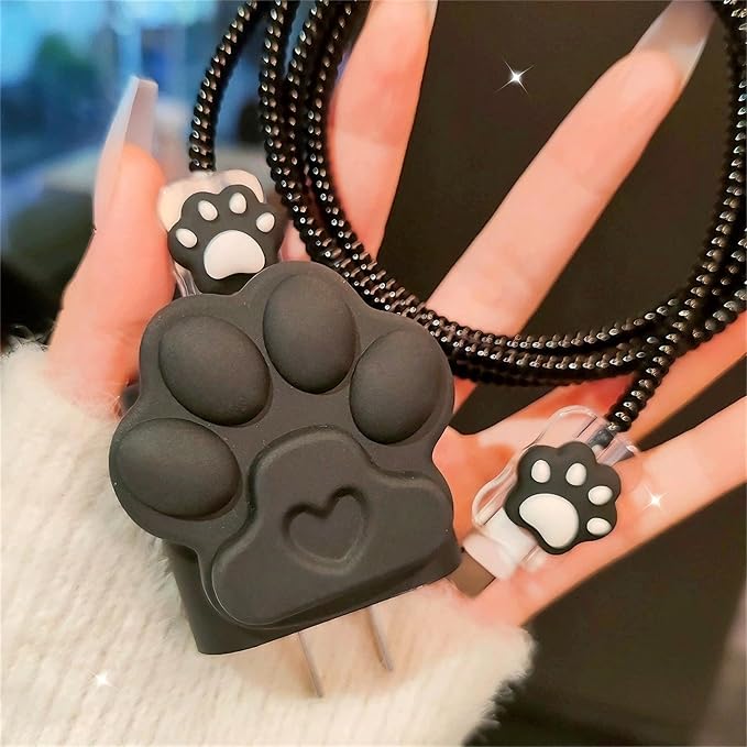 DIY Charger Cover for iPhone Charger Protector with Cat Paw Design,Soft Girly Kawaii Cat Claw Charging iPhone Cord Protector iPad Charger Protector Cute Cable Saver for iPhone 18W/20W Charger-Black