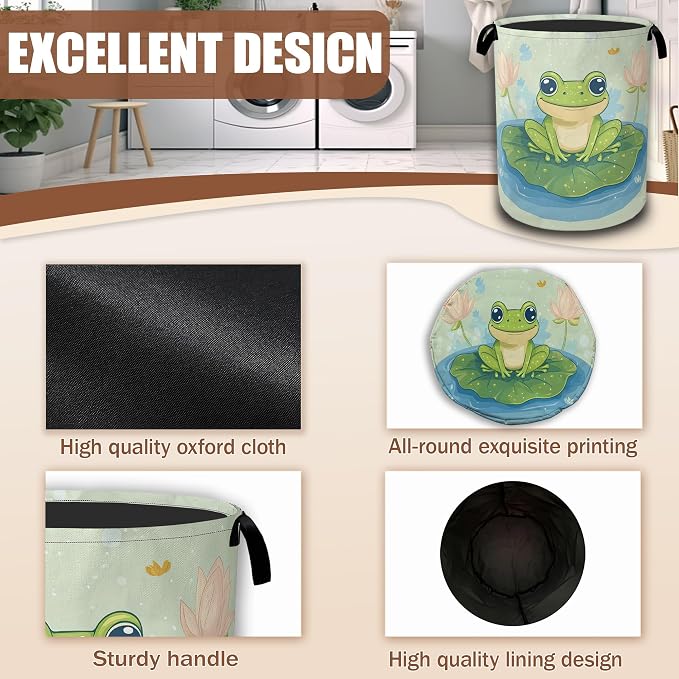 Laundry Hamper,Cute Green Frog Collapsible Laundry Baskets Waterproof Oxford Cloth With Handles,Clothes Storage Bucket Toy Organizer For Bathroom/Nursery/Bedroom 16" x 20.8"