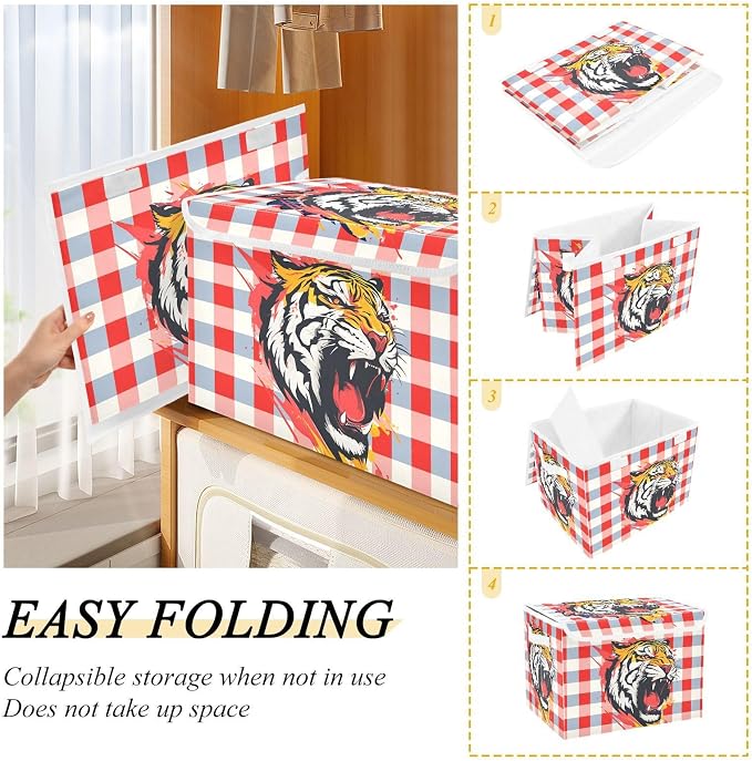 Fabric Storage Bins with Lid Tiger Foldable Storage Boxes 40L Baskets | Foldable & Stackable, Flip Top Dust Guard, Reinforced Handles, Home & Bedroom, Clothes & Toys, Animal Print Basket