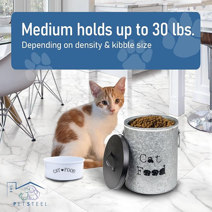 Large 60lb Dog & Medium 30lb Cat Pet Food Storage Canister with Scoop – Durable & Airtight for Freshnesss, Minimalist Design & Recyclable, Metal Container (Combo - Large Dog Bin & Med Cat Bin)