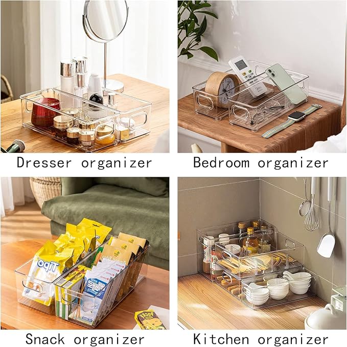 4Pack Stackable Fridge Drawers Pull-out Storage Bins with Handle Clear Food Container for Refrigerator Plastic Dresser Organizer Fruit&Veggie Keeper for Freezer Cabinet Kitchen Organization