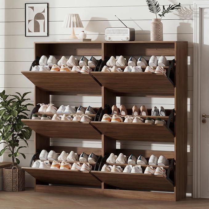 Xixini Shoe Storage Cabinet for Entryway with 6 Flip Drawers, Sturdy Wood Hidden Shoe Storage, Freestanding Narrow Slim Shoe Organizer for Front Door Entrance, Living Room, Hallway, Bedroom, Walnut