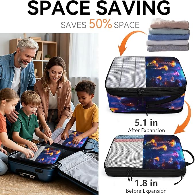 Jellyfish 6 Set Compression Packing Cubes Ocean Animal Expandable Packing Organizer for Travel Accessories Luggage Suitcase Bag