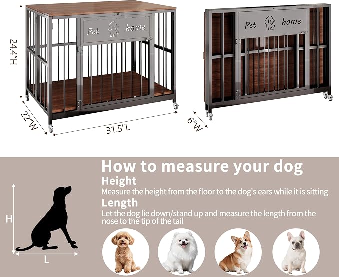 31.5" Foldable Dog Crate Furniture for Medium Dogs, Walnut | Wooden Construction, RGB Ceiling Lights, Silent Casters, End Table TV Stand