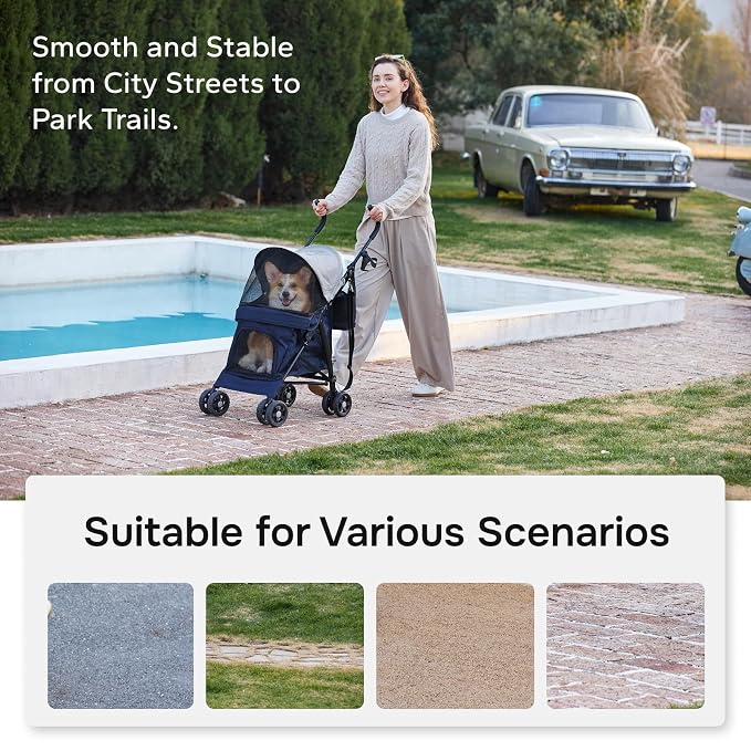 Lightweight 10 lbs Foldable Pet Stroller for Small Dogs & Cats, Easy-Fold Compact, with Adjustable Sun Canopy, Cup Holder, Breathable Mesh, Pad & Storage Bag, Holds 33 lbs, Blue Gray