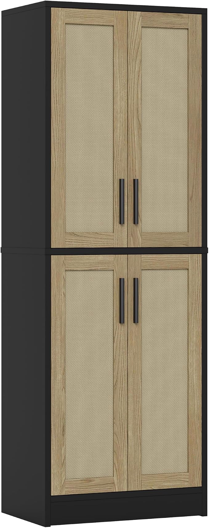 Pantry - Kitchen Pantry Cabinet with 4 Doors and Adjustable Shelves, Tall Black Cabinet Freestanding Storage Cupboard for Dining Room Living Room, Laundry, Bathroom (Black and Natural)
