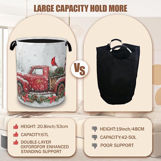 Laundry Basket Merry Christmas Collapsible Laundry Baskets Waterproof Oxford Cloth With Handles,Red Truck Laundry Hamper Clothes Storage Bucket Toy Organizer for Bathroom/Nursery/Bedroom 16" x 20.8"