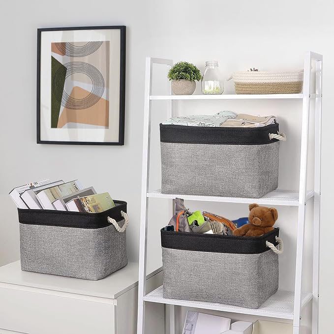 Storage Basket for Organizing - 16x12x12 inch Cube Storage bin 3 Pack Fabric Storage Cubes, Collapsible Storage Box for Organizer Cloth Gift Toy Closet (Black & Grey)