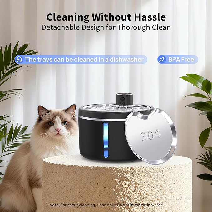 Cat Water Fountain Cordless, 108oz/3L Pet Fountains for Cats Indoor with Stainless Steel Tray, Battery Operated Cat Drinking Fountain with Motion Sensor, Ultra Quiet Pump
