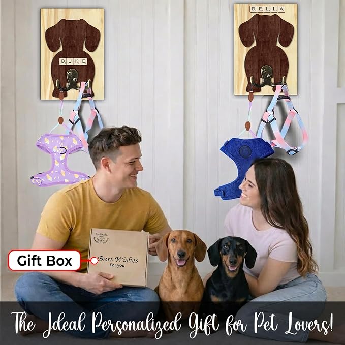 Dachshund Dog Leash Holder Wall Mount with Scrabble Letters, Wooden Dog Wall Hook Organizer, Pet Collar and Harness Holder for Entryway, Key Hook and Leash Rack, Pet Lovers Gift Home Decor PF297-30