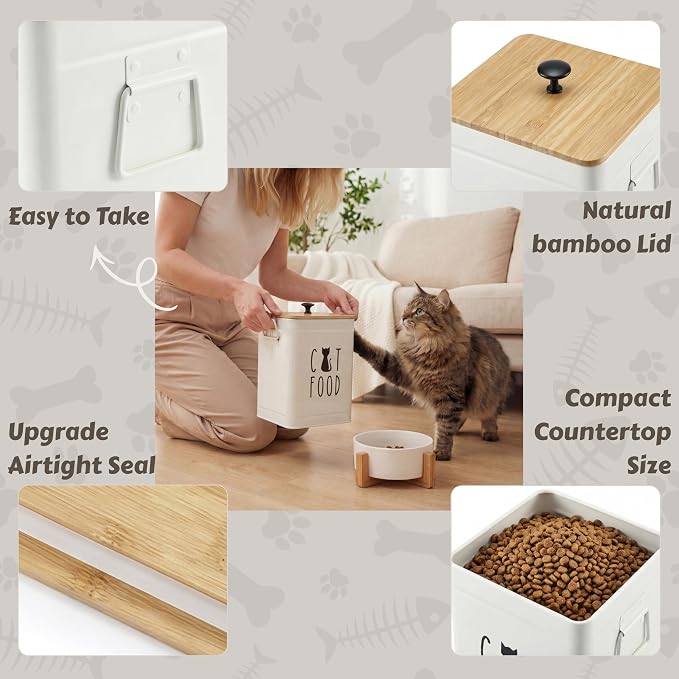 PERFNIQUE Cat Food Storage Container, Airtight Cat Treat Container with Bamboo Lid, Pet Food Storage for Kitchen Countertop, Treat Jars for Pets, Cat Food Container (White, with Spoon)
