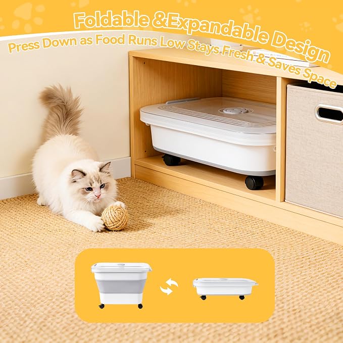 Dog Food Storage Container 25-30lbs, Airtight Pet Food Bin with Transparent Lid, Collapsible Design with Rolling Wheels & Scoop, Space-Saving, Light Gray