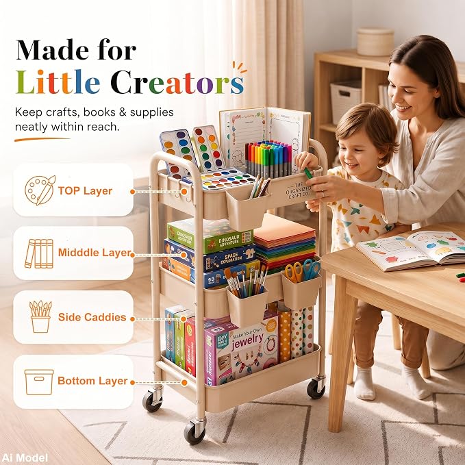 3 Tier Beige Rolling Storage Cart Metal on Wheels, Cream Three Tiered Diaper Caddy with Wheels,Utility Organizer Trolley for Nursery,Postpartum,Art,Craft,Khaki Roller Bedside Carts for Baby Essentials
