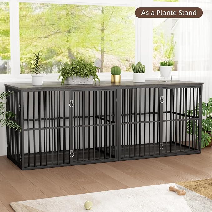 VOWNER 86.7" Double Dog Crate Furniture for 2 Large Dogs, Grey/Black | Heavy Duty Wooden Dog Kennel with Removable Divider, XXL Dog Cage TV Stand End Table with 4 Doors, Double Locks for Each Door