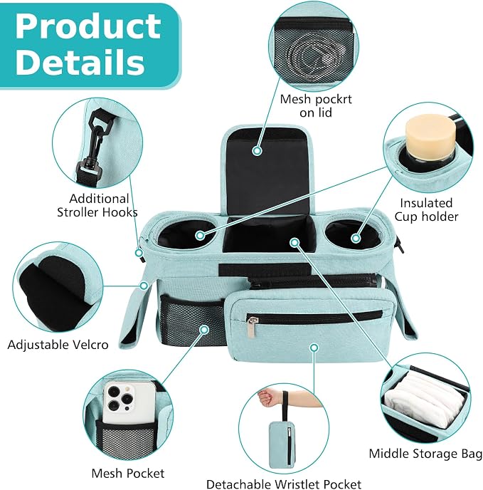 Accmor Universal Stroller Organizer with Insulated Cup Holder Detachable Phone Bag and Shoulder Strap,Stroller Bag Caddy Organizer for Uppababy, Baby Jogger, Britax Strollers