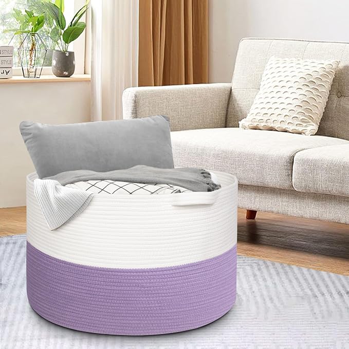 MEGASKET Large Purple Rope Storage Basket, 22x14 Inches Wicker Woven Baskets for Storage, Baby Laundry Hamper, Towel Blanket Toy Bin Organizer, Purple Living Room Decor, Big Basket for Gifts Empty