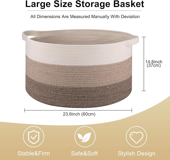 OIAHOMY 105L Extra Large Blanket Basket - Decorative Cotton Rope Storage Basket for Bedroom, Living Room & Nursery - Woven Laundry Hamper for Organizing Blankets, Clothes & Toys - Gradient Brown