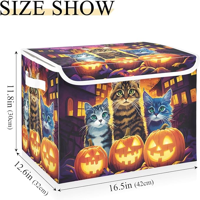 Fabric Storage Bins with Lid Halloween Cat Closet Storage Basket 40L | Decorative Storage Boxes, Foldable & Stackable, Dust-Proof Flip Top, Reinforced Handles, For Home & Dorm, Clothes & Toy Box