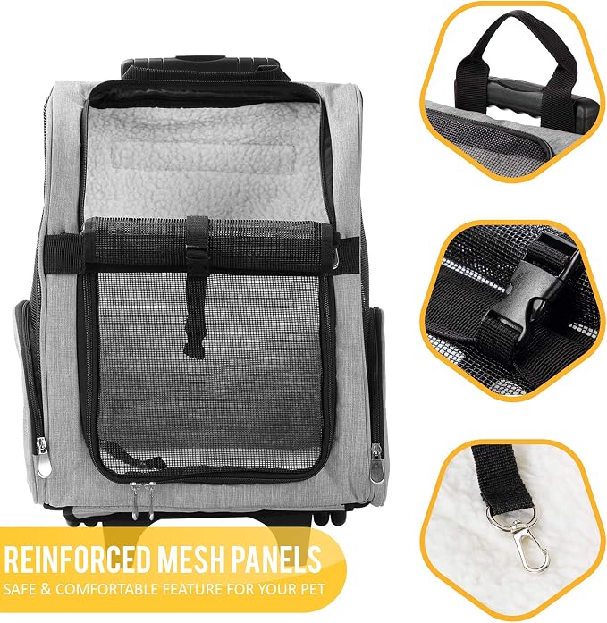 Deluxe Backpack Pet Travel Carrier with Double Wheels for Pets up to 10 Pounds - Black - Approved by Most Airlines