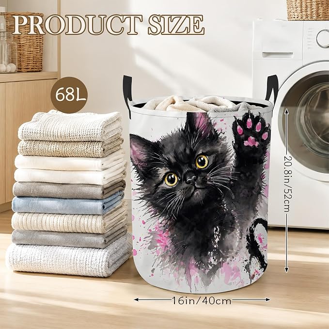 Black Kitten Laundry Basket Oxford Cloth Pink Paw Laundry Hamper With Handle Foldable Portable Clothes Storage Basket Storage Bag For Laundry Room/Bathroom/Bedroom/Dormitory 20.8"x16"