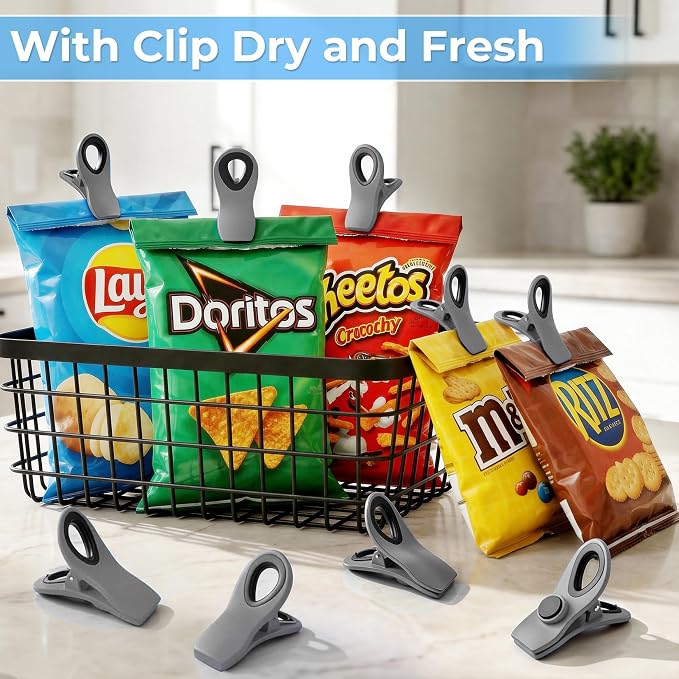 12 Pack Chip Clips, Bag Clips for Food, Magnetic Sealers for Chips and Other Food, Plastic Bag Clip for Kitchen, Fridge, Clothes, Sewing and Artwork (Grey)