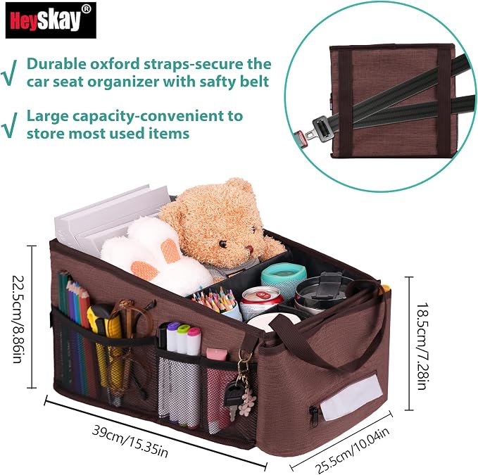 HEYSKAY Backseat Car Organizer Car Caddy Passenger Seat Organizer for Kids | Collapsible Small Car Storage, Console Front Seat Car Organizer for Truck, SUV and Minivan, Adjustable Compartment Space