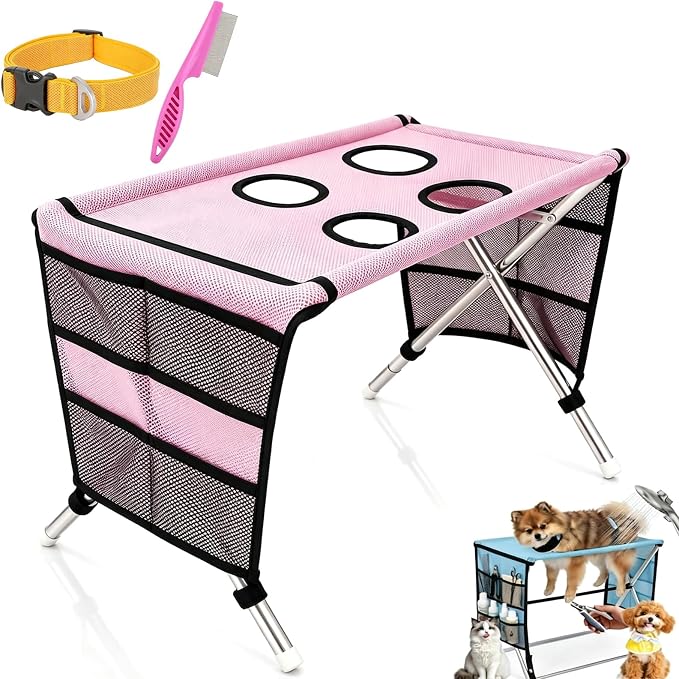 2-in-1 Foldable Pet Grooming Bed, Portable Pet Bathing Stand (Pink,B) | Dog Grooming Hammock with Foldable Frame and Mesh Side Pockets, Suitable for Pet Washing Maintenance Travel Grooming