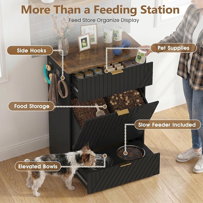 Dog Feeding Station Cabinet, Elevated Feeder Bowl, Black, Classic Panel | Slow Feeder Insert, Large food bin, Removable Divider, 3 Side Hooks, Pull-Out Drawer, Easy to Clean for Small & Middle Dogs