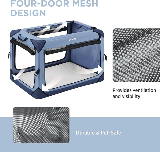 Lesure Portable Soft Collapsible Dog Crate for Medium Dogs, 30in Blue | Travel Camping Pet Kennel, 4-door, Indoor and Outdoor Use, Easy to Set Up and Fold, For Medium Breeds Up to 50lbs