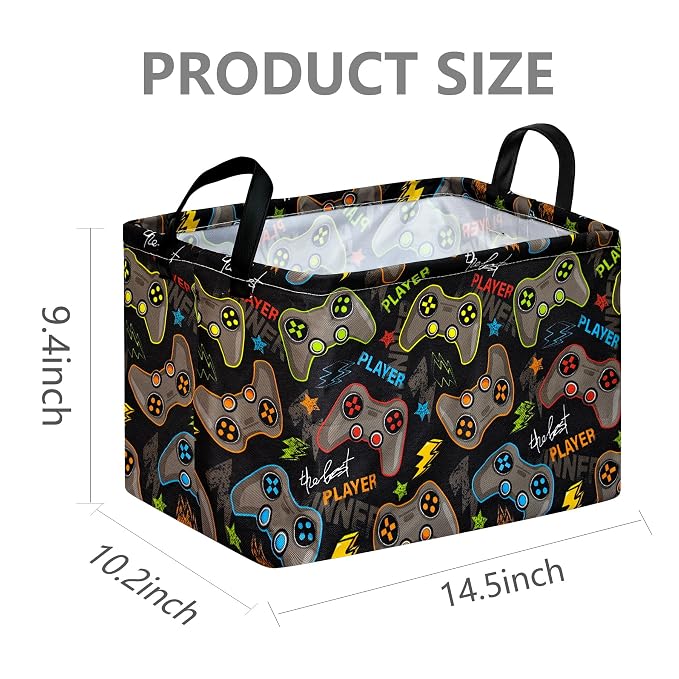 Gaming Controller Storage Basket,Foldable Storage Bin with Leather Handles | Foldable storage bin with coated lining for controllers, headsets, toys, game rooms and gamer gift baskets