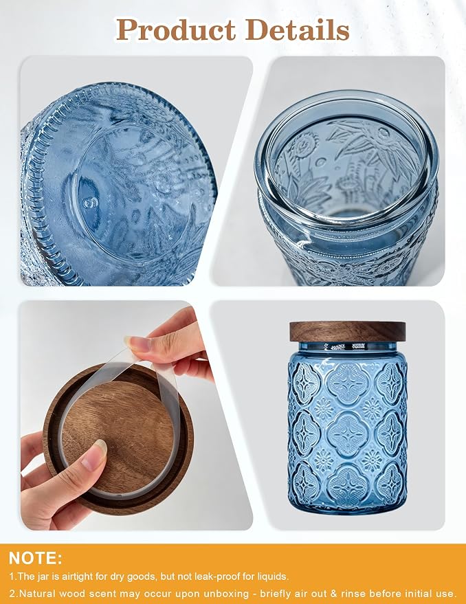 Glass Jar with Airtight Wood Lid – 34 OZ Kitchen Bathroom Pantry Canister, Decorative Vintage Storage Container for Candy, Coffee, Cookie, Cereal, Sugar, Tea, Pet Treat, Bath Salt, Blue Begonia
