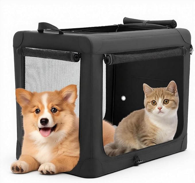 DUMOS Soft Dog Crate 24 Inch, Small Foldable Outdoor Cat Carrier | Foldable Portable Design, Indoor Outdoor Travel Kennel, Storage Bag, Washable Pad, Black