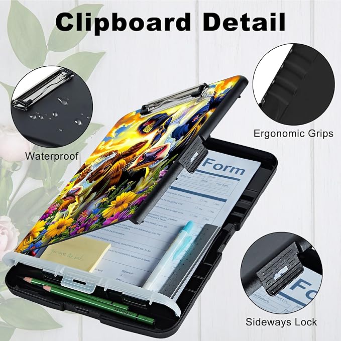 Purple Flower Cow A4 Clipboard with Storage Pen Holder, Clipboards Organizer Nursing Clipboard Foldable File Folder Plastic Clipboard Folio Clip Board for Office Students Classroom Doctor