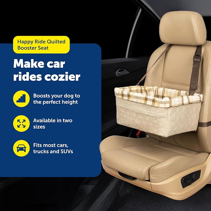 PetSafe Happy Ride Quilted Booster Seat - Dog Booster Seat for Cars, Trucks and SUVs - Easy to Adjust Strap - Durable Padded Liner is Machine Washable and Easy to Clean - Large | Raises Small Dogs to Window Height In Most Cars, Connects to Seatbelt wit...