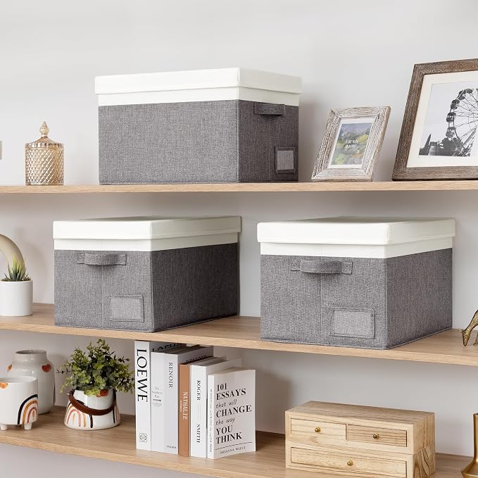 GRANNY SAYS Storage Bins with Lids, Decorative Storage Boxes with Lids | Storage Box with Dust Cover, Handles & Lable, Collapsible, Ideal for Closet Clothes Blanket Toys, Large, White&Gray, 3-Pack