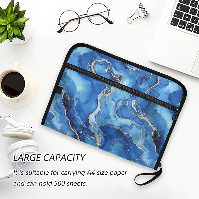 13 Pocket Zipper Expanding File Folder A4 Blue Marble | Accordion File Organizer with Front Pouch A4 Letter Size Portable Folders for Documents Receipt School Office Supplies