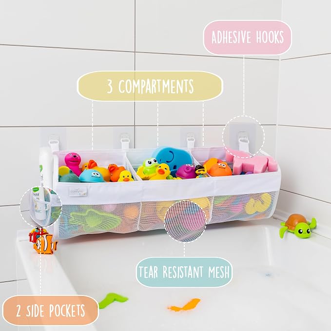 Large Bath Toy Organizer – 3 Compartment Bath Toy Holder for Bathtub & Shower – Quick-Dry Mesh with 4 Strong Adhesive Hooks – Kids Toys Storage Net for Bathroom, shower & Tub