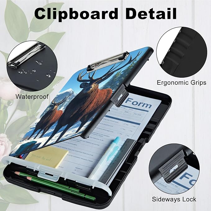 A4 Clipboard with Storage Pen Holder, Clipboards Organizer Nursing Clipboard Foldable File Folder Plastic Clipboard Folio Clip Board for Office Work Classroom Doctor, Snow Mountain Deer