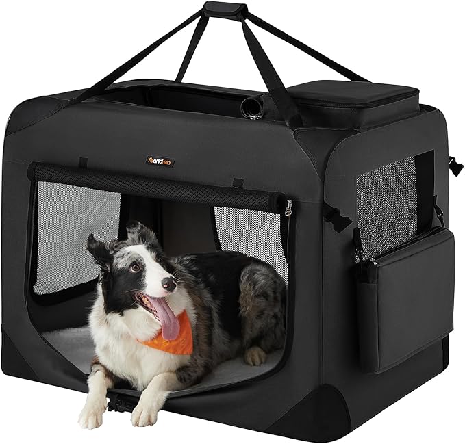 Feandrea Collapsible Soft Dog Crate, Portable Travel, 36 Inches | Dog Carrier Kennel with Safety Zippers for Living Room, Car, Travelling, Black UPDC90H