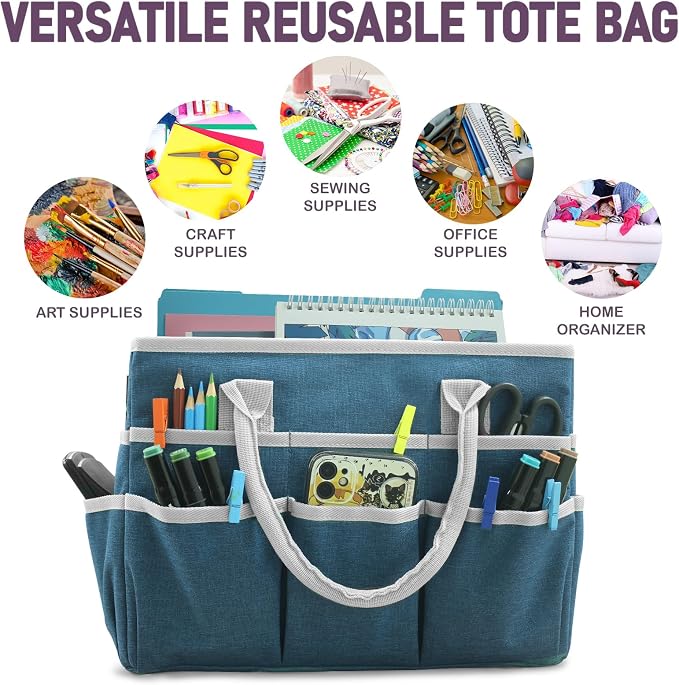 Cupohus Craft Organizer Tote Bag, Dark Green Sewing Bag for Art | Supply Storage Bags with Pockets and Handles, Oxford Fabric Carrying Caddy for Teacher, Officer, Artist, Traveler, and More