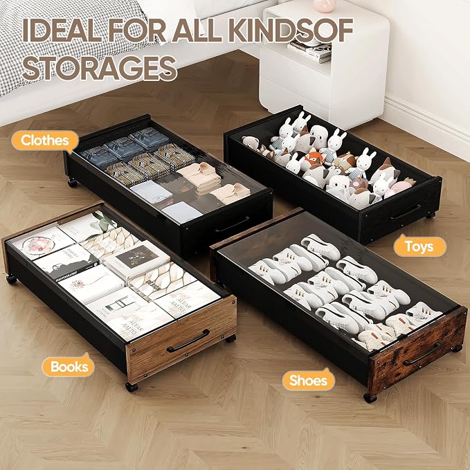 KITHELP Wooden Under Bed Storage with Wheels, 80L Extra-large Rolling Under the Bed Storage Bins 2 Pack with Removable Lid, Upgrade Metal Under Bed Drawers for Clothes Shoes Blankets in Bedroom