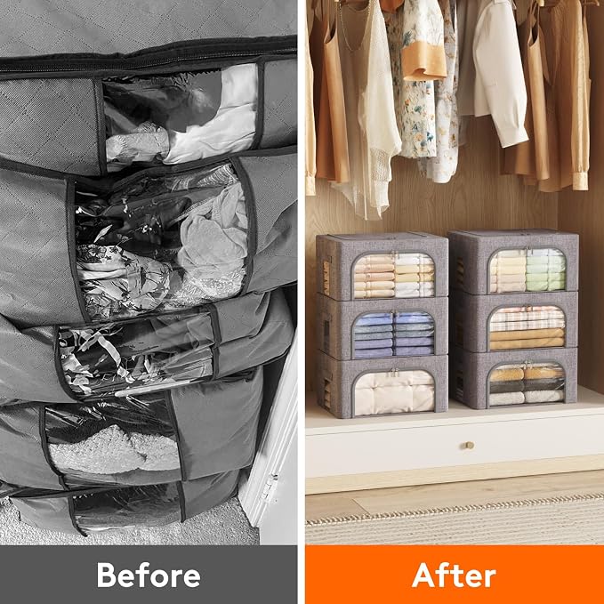 Lifewit Clothes Storage Bins with Metal Frame, Stackable Storage Box, Foldable Clothing Storage Bins with Lids, 25L Storage Bags Fabric Box Organizer with Clear Window＆ Zippers＆ Sturdy Handles 6 Pack