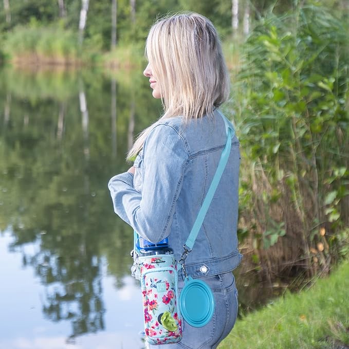 Made Easy Kit Water Bottle Carrier with Pocket for Dog Poop Waste Bags and Adjustable Padded Shoulder Strap (Tall & Large (40oz) with Bowl, Teal Floral)