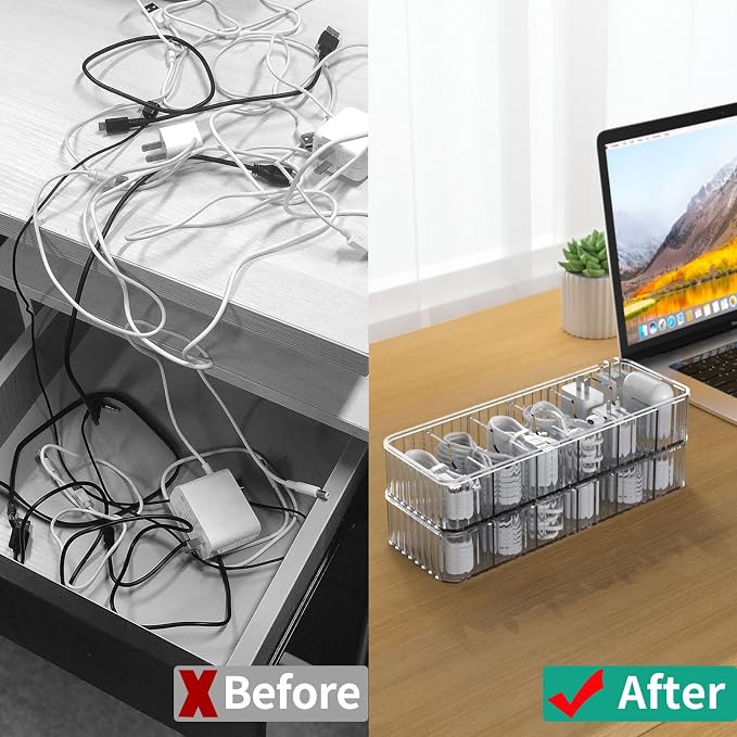 Cable Storage Boxes Organizers 2 Pack,Cord Charger Case with 20pcs Ties | Cable Storage Organizer,Cable Organizers Box,Cable Storage Box, Cord Organizers Box,Cord Charger Case Organizer,Stackable