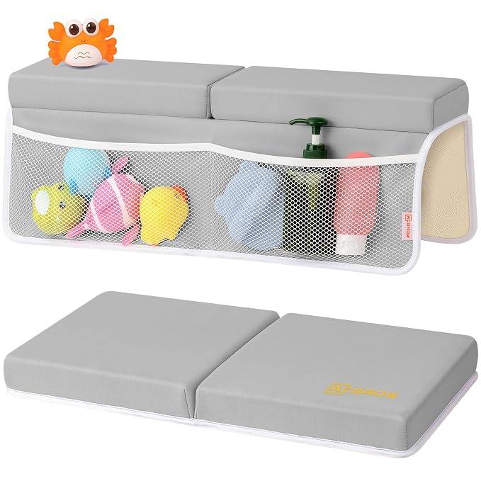 Bath Kneeler and Elbow Rest Pad Set, 1.5” Thick Bathtub Kneeling Mat | Cozy Memory Foam, Non-Slip 6 Suction Cups and 4 Toys Organizer Pockets, Quick-Dry Bath Kneeling Pad for Babies Toddlers