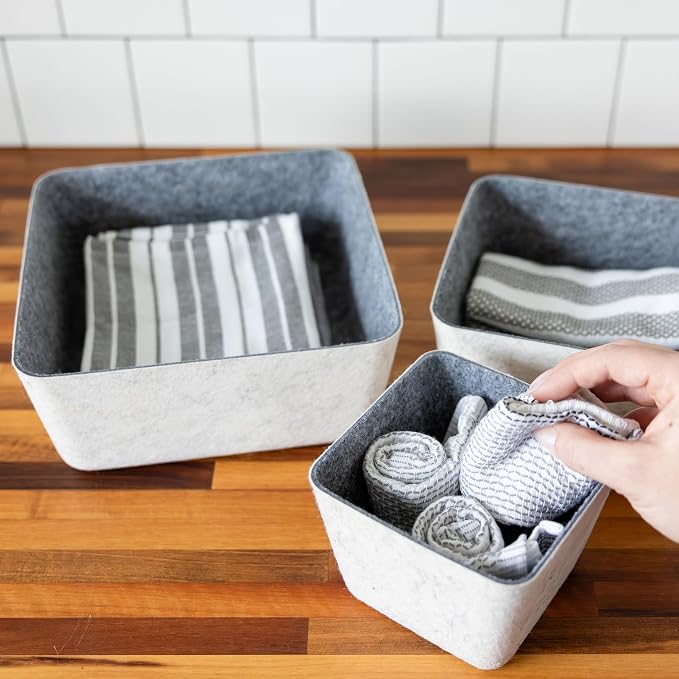 Three by Three Seattle Tapered Felt Storage Bins 2-Pack 9x9 Cream/Charcoal | Recycled felt tapered bins; soft non-scratch; 5"x5" fits most drawers; organize desk, office, bathroom, bedroom & entryway
