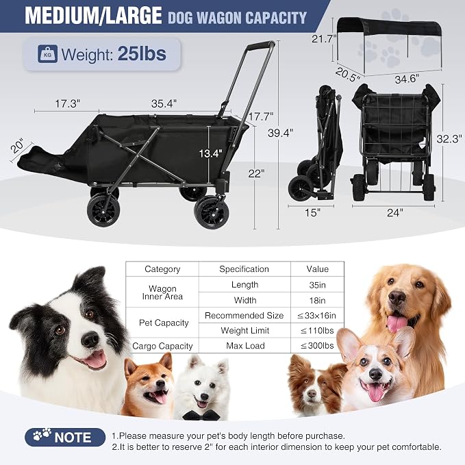 REDCAMP Folding Dog Wagon Cart with Removable Canopy, 220L Dog Stroller | Large Collapsible Utility Cart with Tailgate & All-Terrain Wheels for Sports Shopping Pet