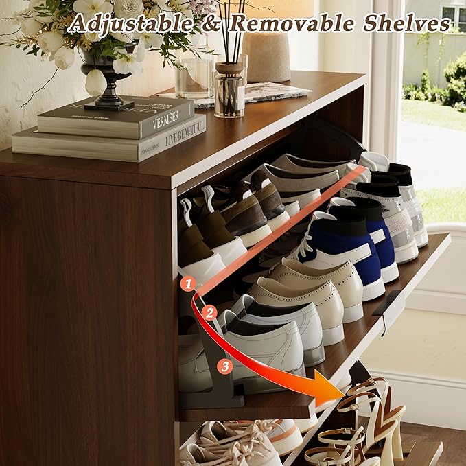 Shoe Storage Cabinet with 2 Flip Drawers, Narrow Wood Shoe Organizer Cabinet with Fluted Panel, Slim Shoe Rack for Entryway, Freestanding Shoe Cabinet for Living Room, Hallway, Walnut