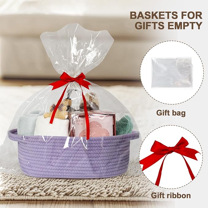 Small Baskets for Gifts Empty, 13"x 9"x 5" Woven Gift Basket with Bag and Ribbon, Cotton Rope Kids Dog Cat Toy Bin Box, Cute Baby Nursery Organizer, Decorative Storage with Handles,Purple