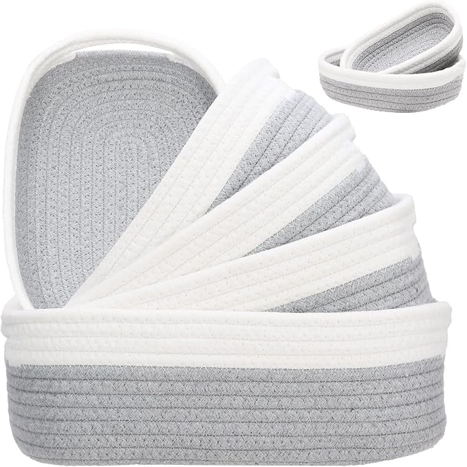 7 Piece Cotton Rope Woven Basket Set - Small Basket for Baby Nursery, Pets, Montessori, Dog & Cat Toy Boxes, Bathroom Organization Bins (White/Gray)